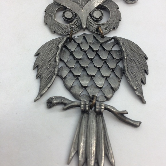 VINTAGE OWL NECKLACE PEWTER COLOR ARTICULATED ANTIQUED SILVER TONE LARGE - Picture 12 of 12